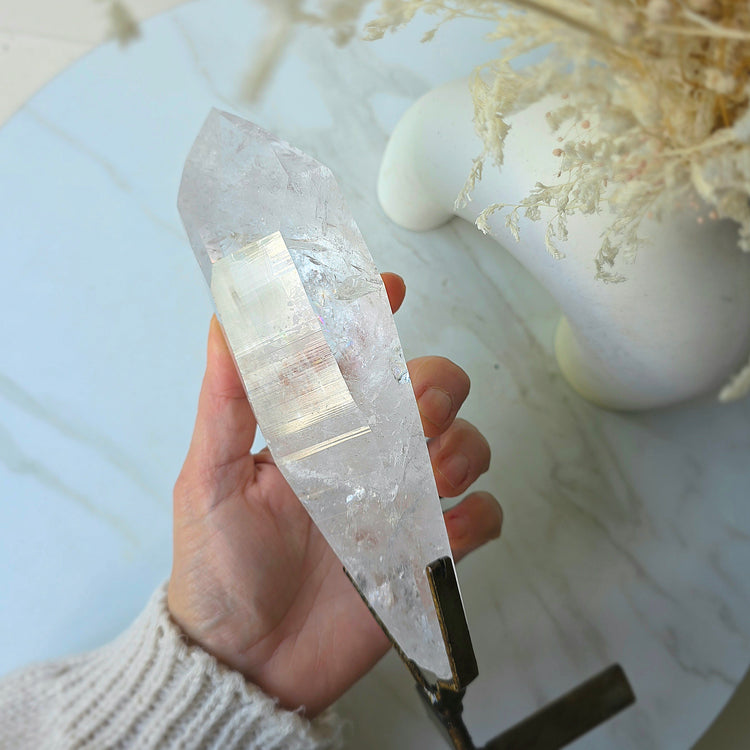 Lemurian Quartz Crystal Point in Stand High Quality Tower XL