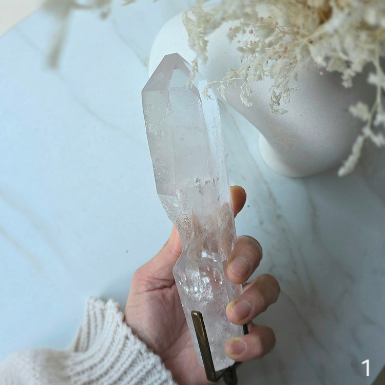 Lemurian Quartz Crystal Point in Stand High Quality Tower XL