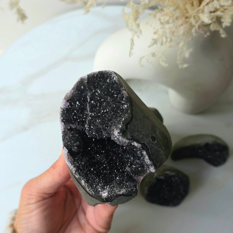 Rare Black Galaxy Amethyst Crystal Cluster on Stand Brazil