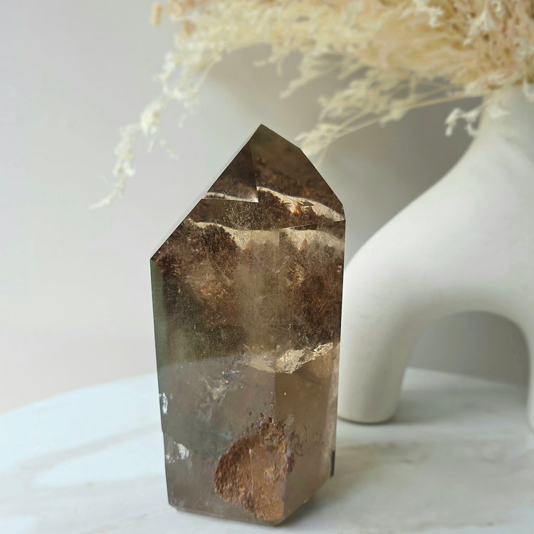 Smokey Quartz Crystal Tower Point Obelisk with lodolite Garden Quartz Inclusion