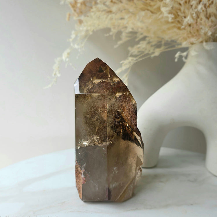 Smokey Quartz Crystal Tower Point Obelisk with lodolite Garden Quartz Inclusion