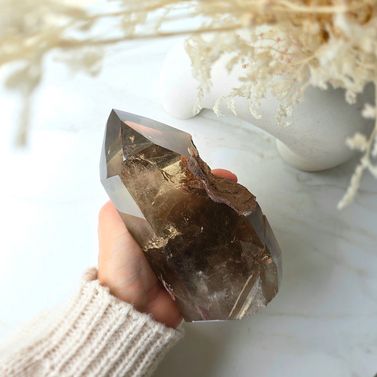 Smokey Quartz Crystal Tower Point Obelisk with lodolite Garden Quartz Inclusion