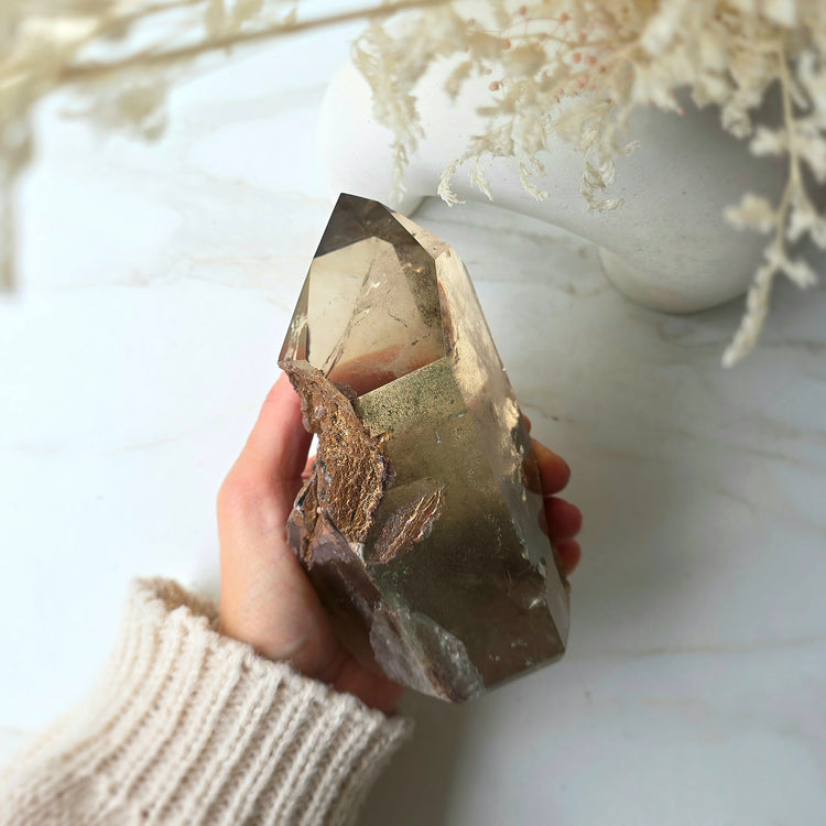Smokey Quartz Crystal Tower Point Obelisk with lodolite Garden Quartz Inclusion