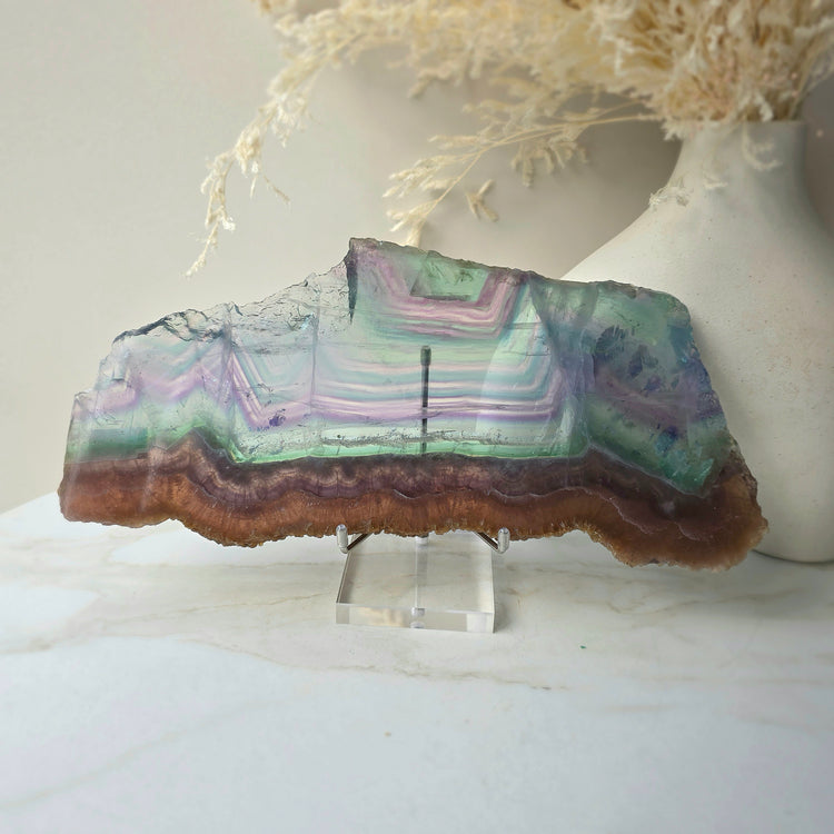 Rainbow Fluorite Crystal Slab Slice on Stand High Quality China