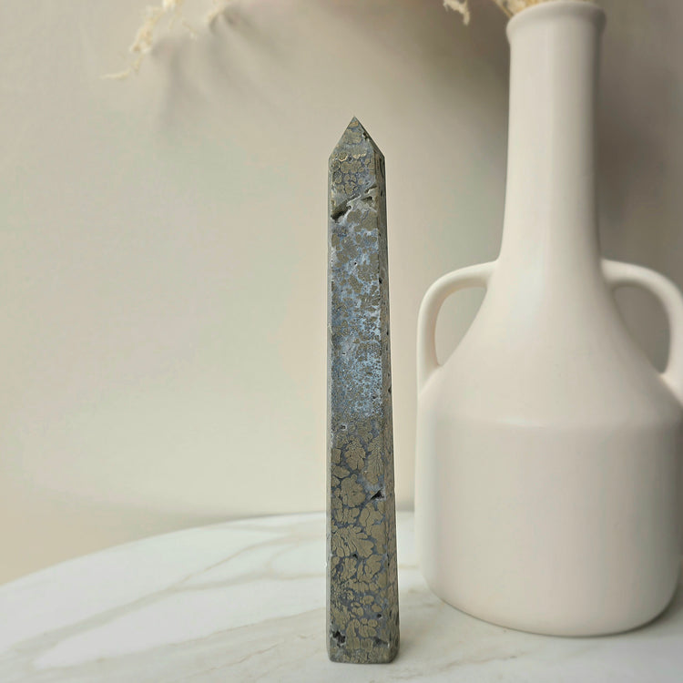 Pyrite in Agate Tower Point Obelisk High Quality Brazil