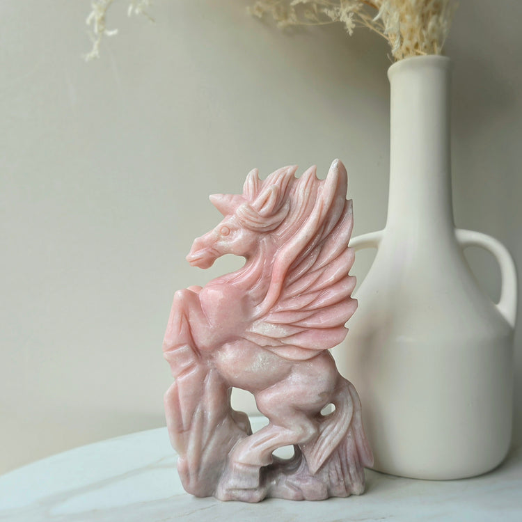 Pink Opal Crystal Unicorn Hand Carving High Quality Peru