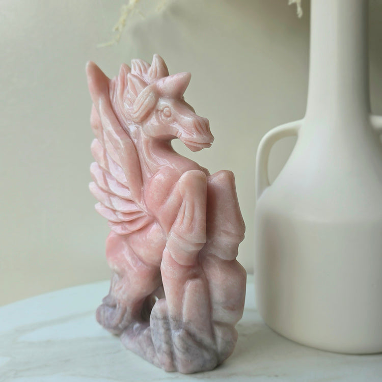 Pink Opal Crystal Unicorn Hand Carving High Quality Peru