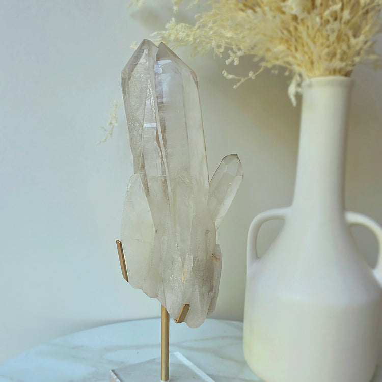 Clear Quartz Crystal Natural Cluster Point on Stand Brazil