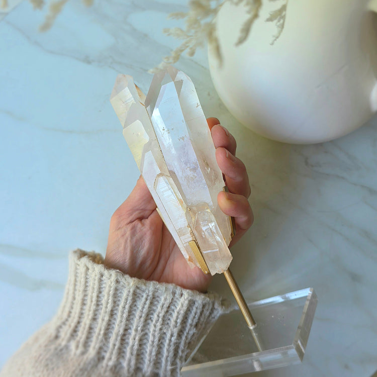 Clear Quartz Crystal Natural Cluster Point on Stand Brazil