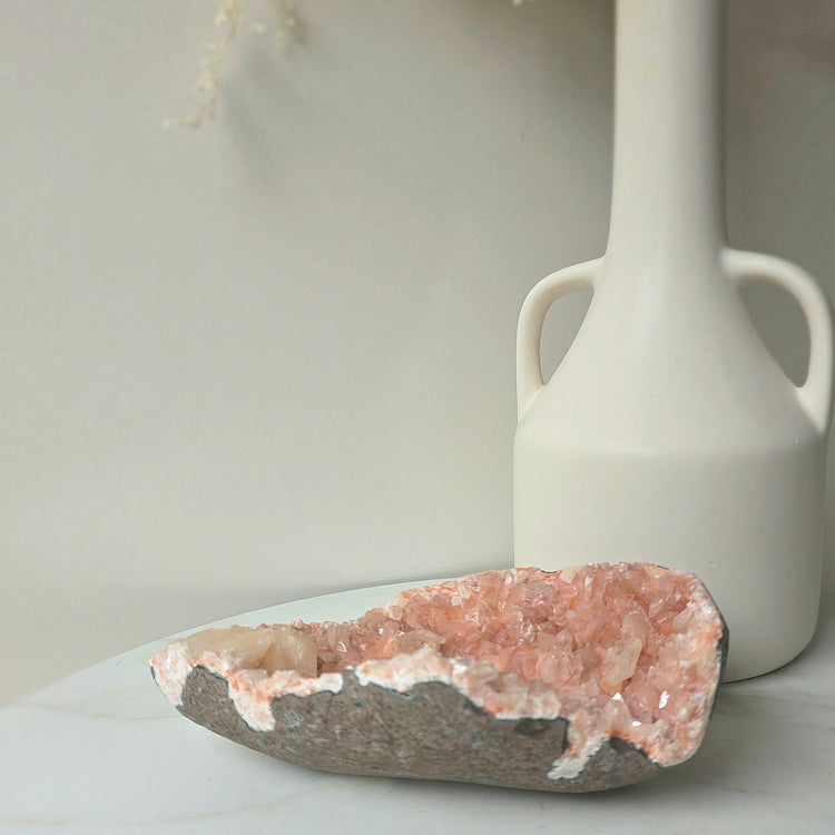 Rare Pink Apophyllite Crystal Cluster with Stilbite India