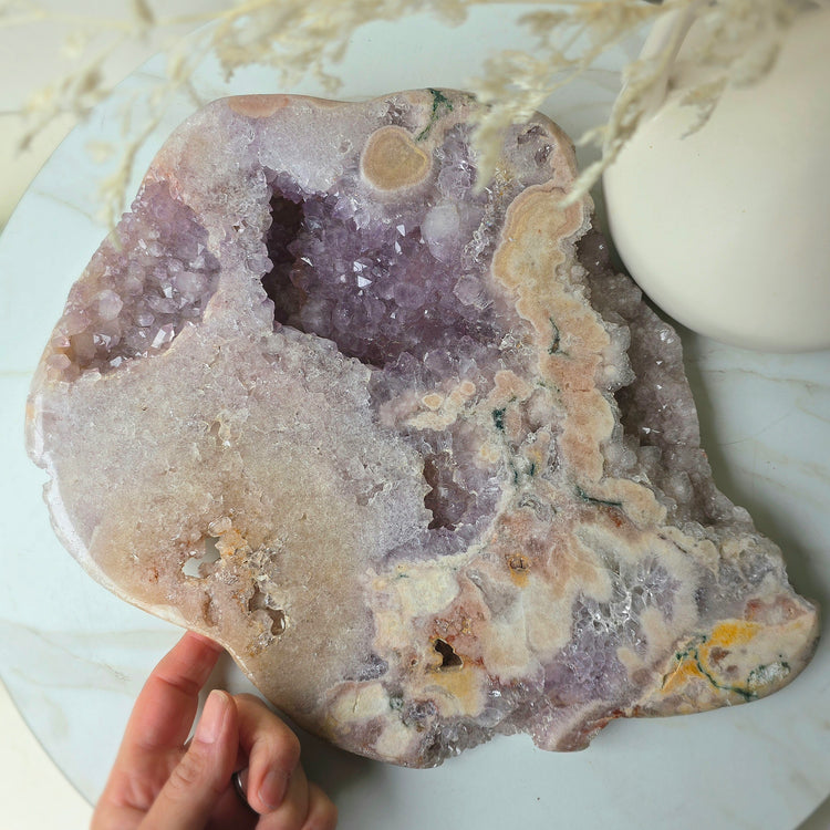 Lilac Pink Amethyst Crystal Slab Slice High Quality on Stand Brazil