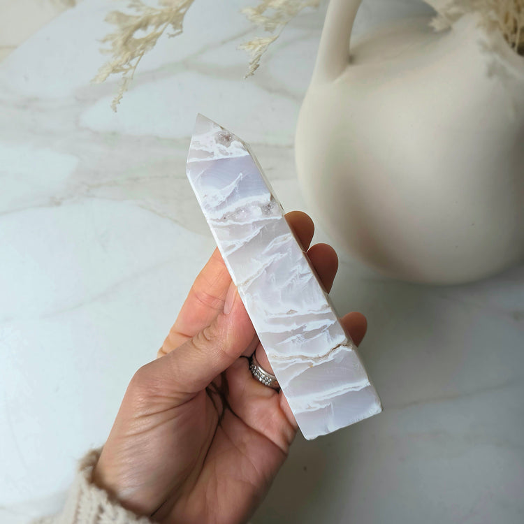 White Plume Agate Crystal Tower Point Obelisk High Quality Indonesia