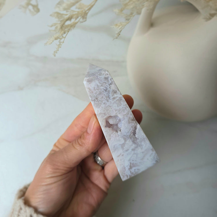 White Plume Agate Crystal Tower Point Obelisk High Quality Indonesia