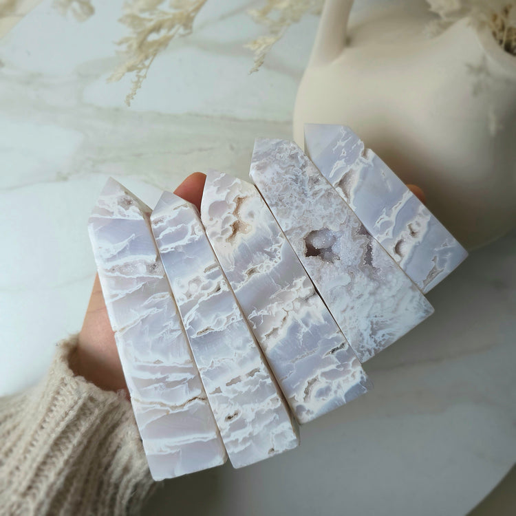White Plume Agate Crystal Tower Point Obelisk High Quality Indonesia