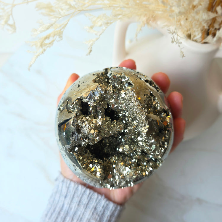 Pyrite Crystal Cluster Sphere High Quality Statement on Stand