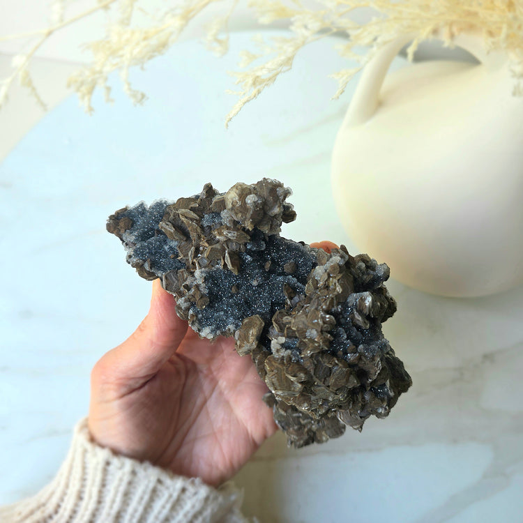 Siderite Crystal on Black Chalcedony Crystal Cluster China