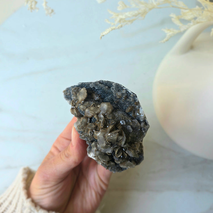 Siderite Crystal on Black Chalcedony Crystal Cluster China
