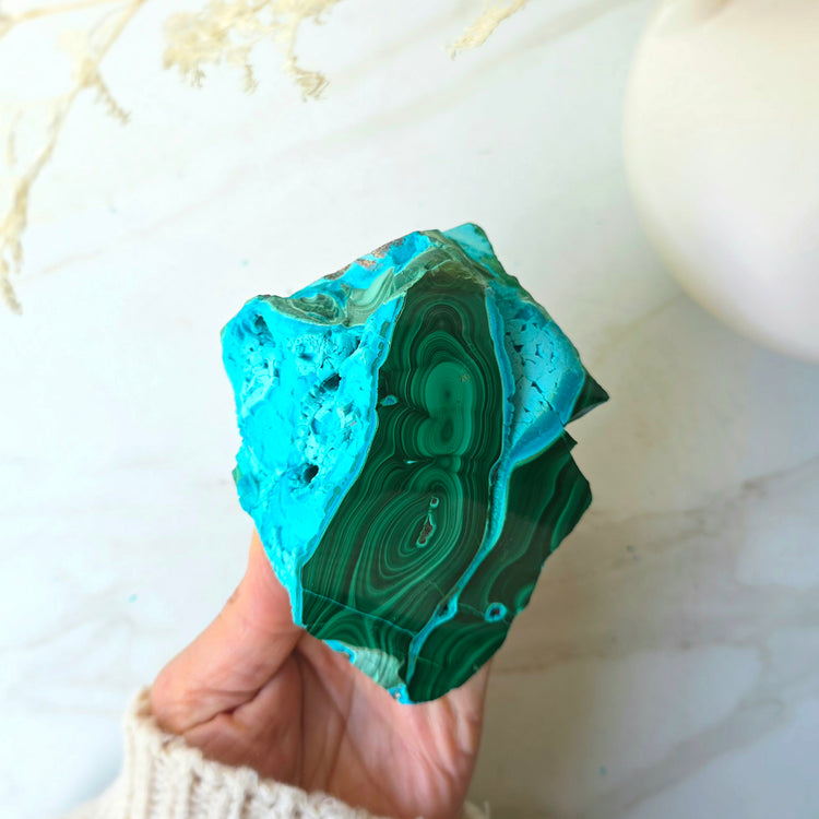 Azurite Malachite Crystal Polished Slab Slice on Stand High Quality Peru