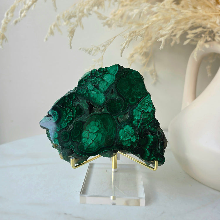 Malachite Crystal Polished Slab Slice Congo High Quality on Stand