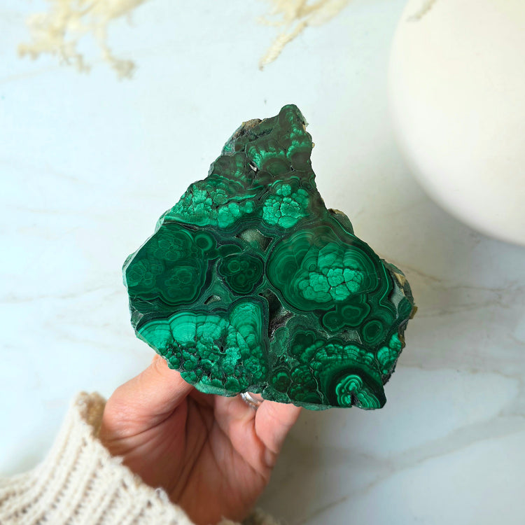 Malachite Crystal Polished Slab Slice Congo High Quality on Stand