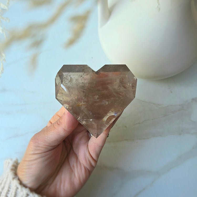 Smokey Quartz Crystal Faceted Heart on Stand Brazil