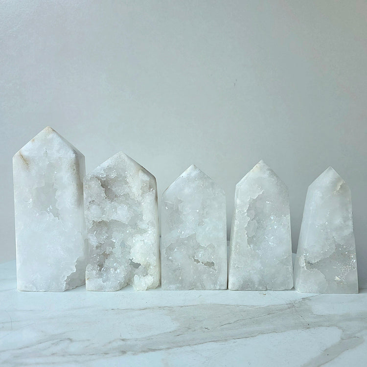 White Agate Crystal Tower Point Obelisk with Cluster Druzy Brazil High Quality - Crystals and Me | Crystal Candles and Ethically Sourced Crystals