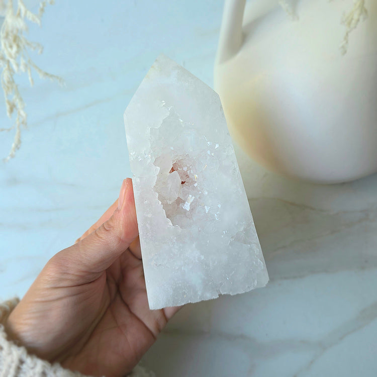 White Agate Crystal Tower Point Obelisk with Cluster Druzy Brazil High Quality - Crystals and Me | Crystal Candles and Ethically Sourced Crystals
