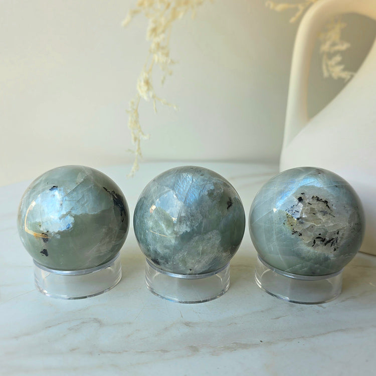 Green Moonstone Crystal Sphere High Quality on Stand