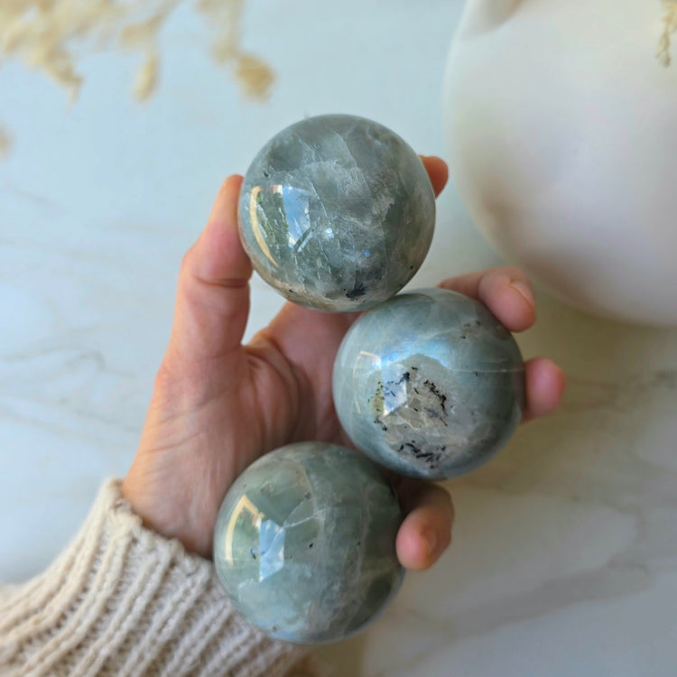 Green Moonstone Crystal Sphere High Quality on Stand