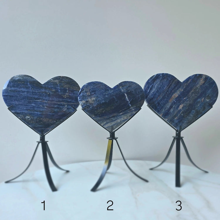 Sodalite Crystal Heart with Hemetite Inclusion on Stand High Quality Brazil - Crystals and Me | Crystal Candles and Ethically Sourced Crystals