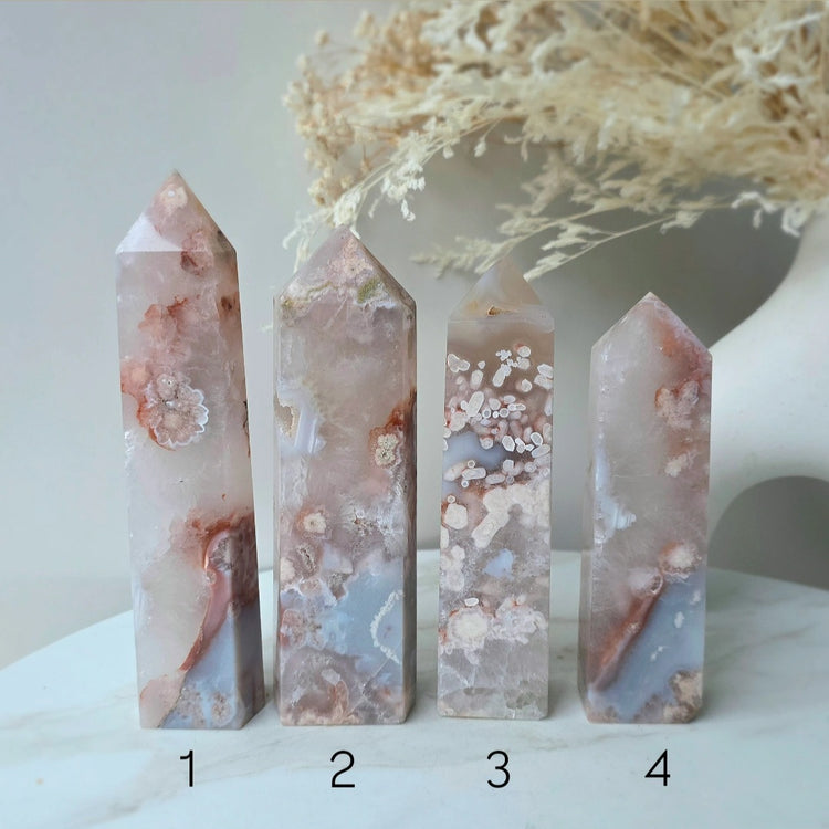 Rare Pink Amethyst Crystal with Flower Agate Obelisk Tower Point Generator