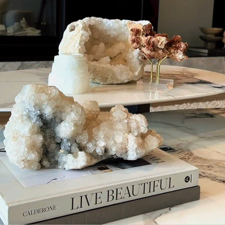 White Apophyllite Crystal with Black Chalcedony Crystal Cluster XL 3kg High Quality India