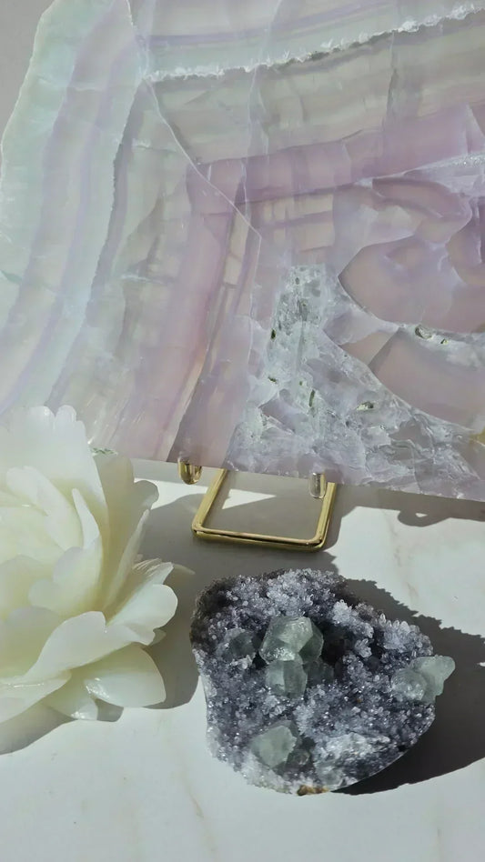 A curated collection of different crystal shapes and their meanings displayed for home styling and energy manifestation.