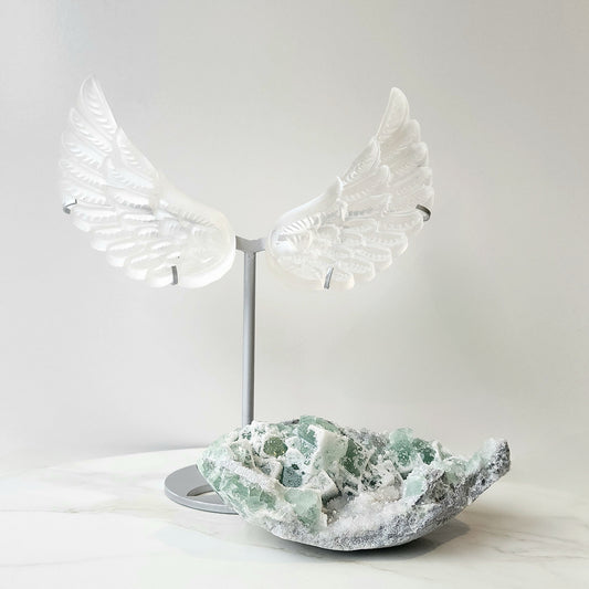 Selenite Satin Spar Angel Wings on stand