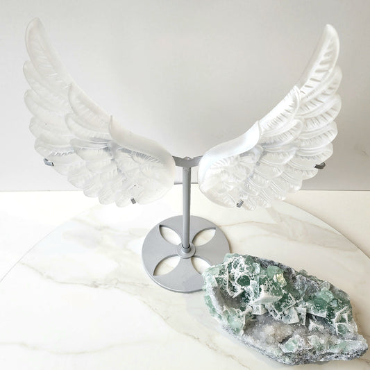 Selenite Satin Spar Angel Wings on stand