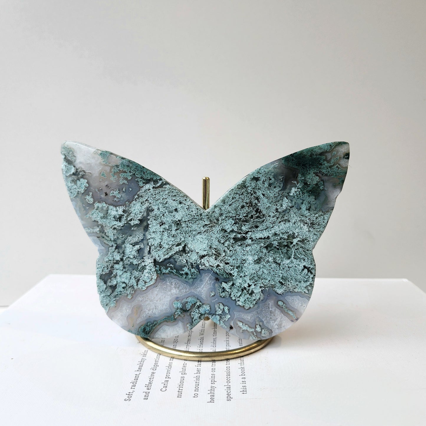 Moss Agate Butterfly on Stand
