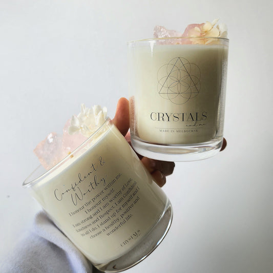 Rose Quartz Crystal Candle 'Confident and Worthy' 450g - Crystals and Me | Crystal Candles and Ethically Sourced Crystals