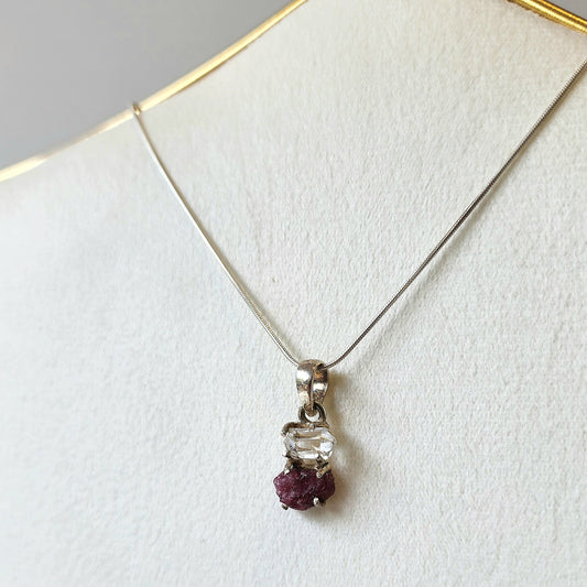 Pink Tormaline and Herkimer Diamond Sterling Silver 925 Pendant