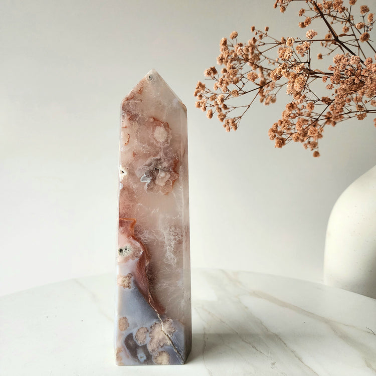 Rare Pink Amethyst with Cherry Blossom Flower Agate Obelisk Tower