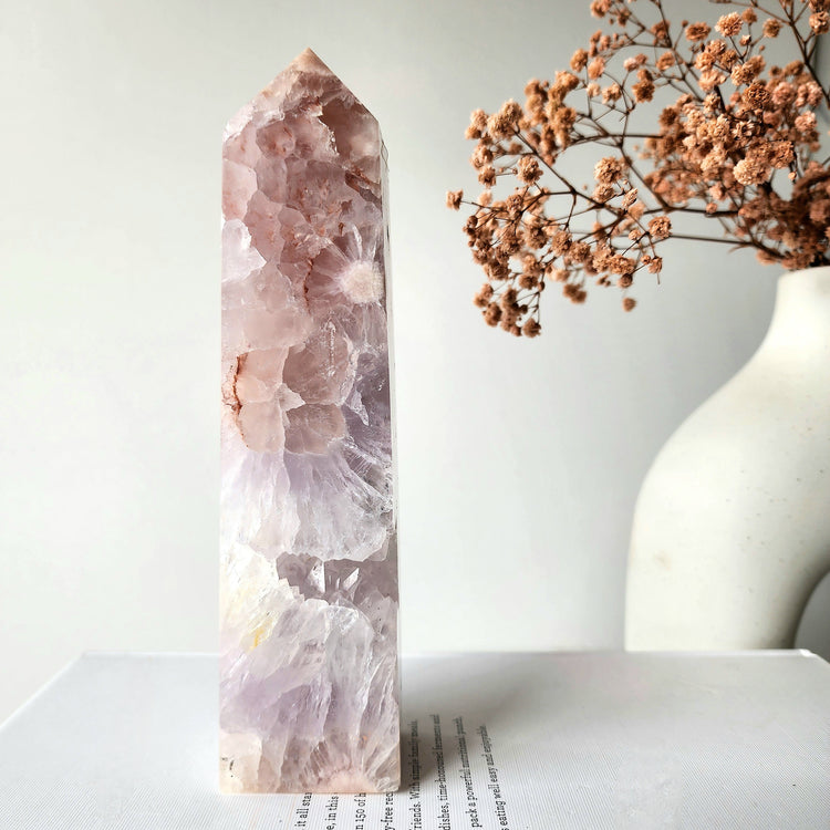 Rare Pink Amethyst with Cherry Blossom Flower Agate Obelisk Tower