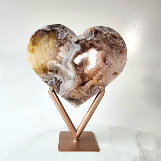 Pink Amethyst Heart on stand with Druzy Clusters Large