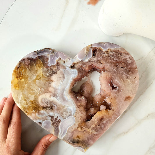 Pink Amethyst Heart on stand with Druzy Clusters Large