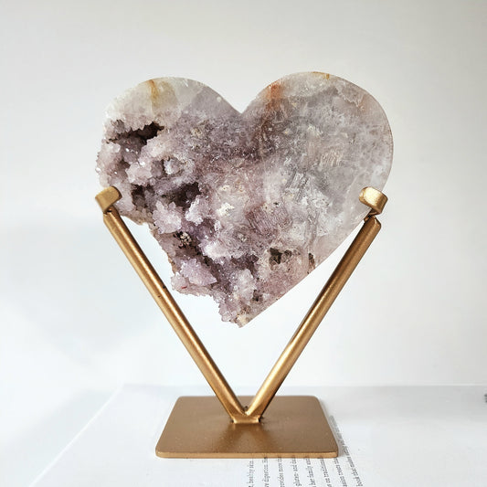 Pink Amethyst Carved Heart with Cluster and Druzy on stand