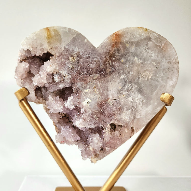 Pink Amethyst Carved Heart with Cluster and Druzy on stand