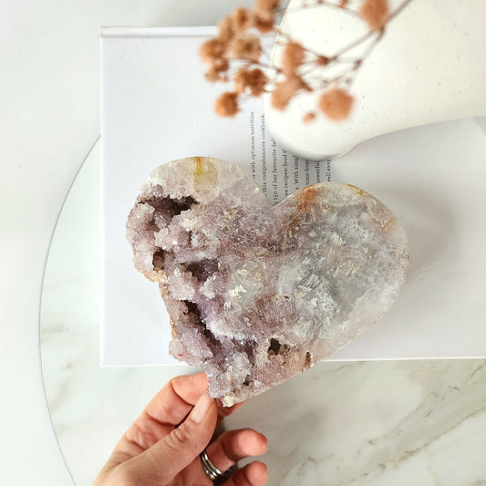 Pink Amethyst Carved Heart with Cluster and Druzy on stand