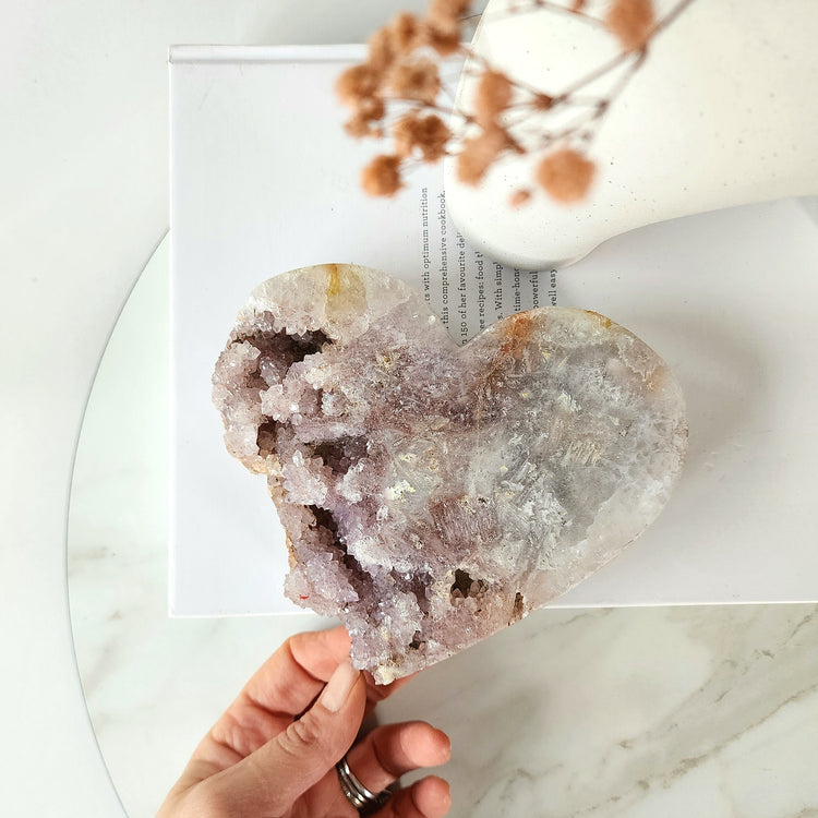 Pink Amethyst Carved Heart with Cluster and Druzy on stand