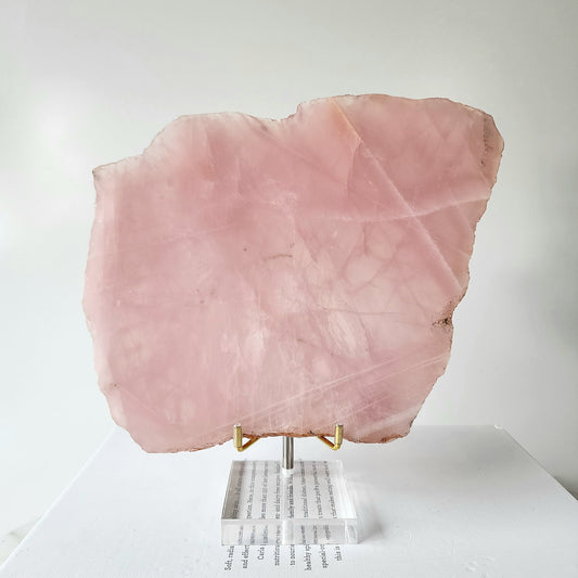 Rose Quartz Crystal Slab Slice on stand