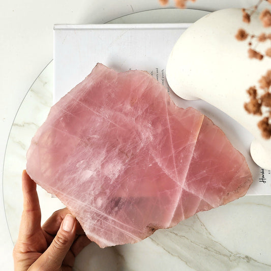 Rose Quartz Crystal Slab Slice on stand