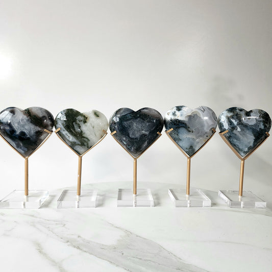 Moss Agate Heart Medium on Stand