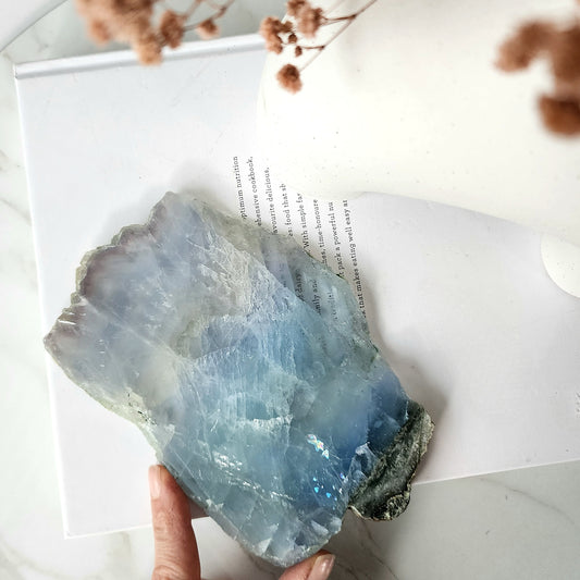 Blue Fluorite Crystal Slab on stand